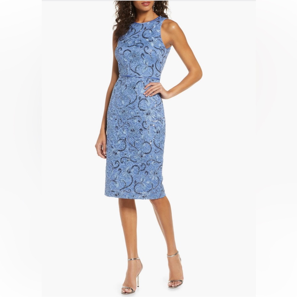 Vince Camuto Elegant Periwinkle Blue Sequin Lace Sleeveless Sheath Midi Dress
